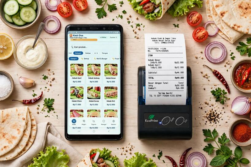 Menu kebab di HP Kasir Dua, struk keluar dari printer di sampingnya
