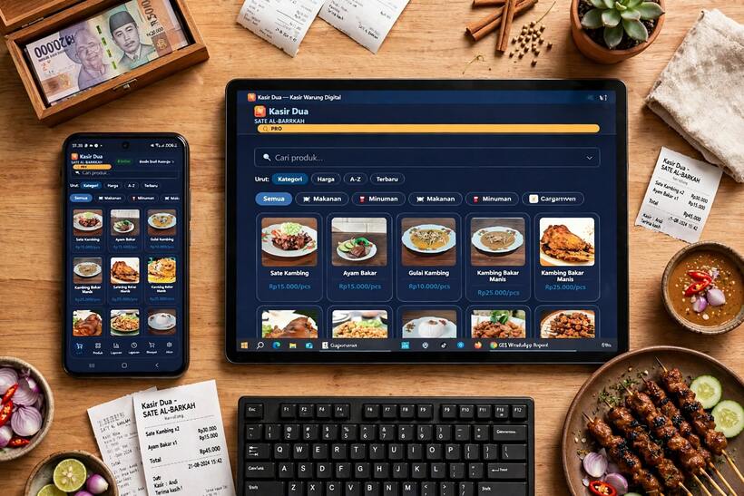 Sate di tablet Kasir Dua dan HP di sebelahnya