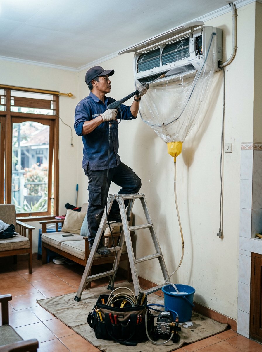 Teknisi Berkah Teknik AC mencuci unit indoor AC memakai semprotan tekanan dan kantong penampung air di rumah pelanggan, Kragilan, Boyolali